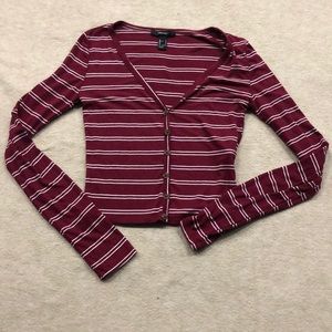 Red & White Stripped V Neck Button Down Crop Top